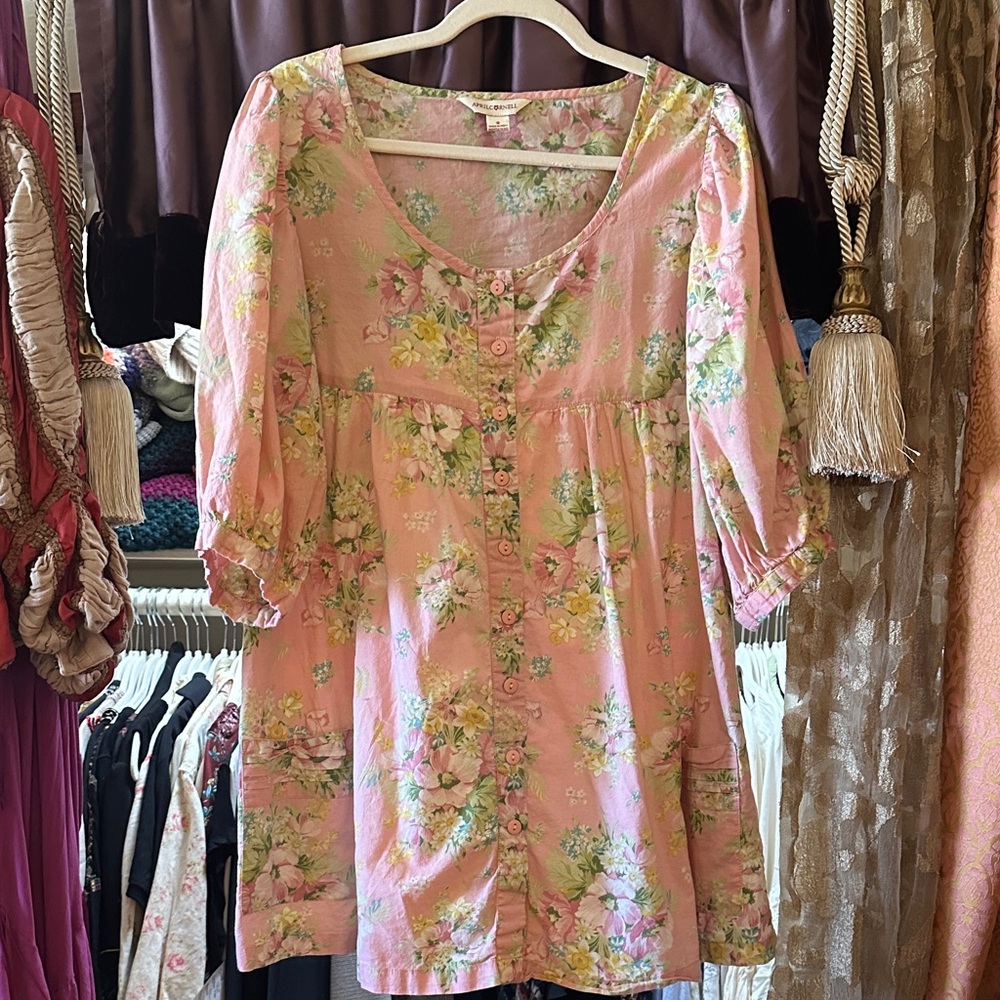 April Cornell Romantic Pink Floral Button Up Cottage Shabby Chic Tunic Small S